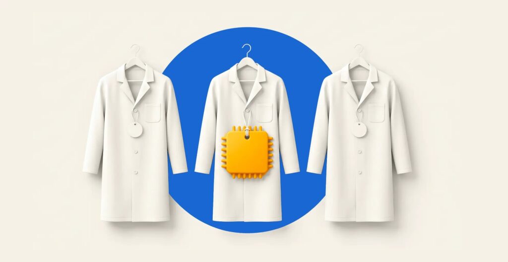 Three knee-length laboratory coats hanging side by side in front of a cobalt disc, one amber chip tag tied to a coat button on a string