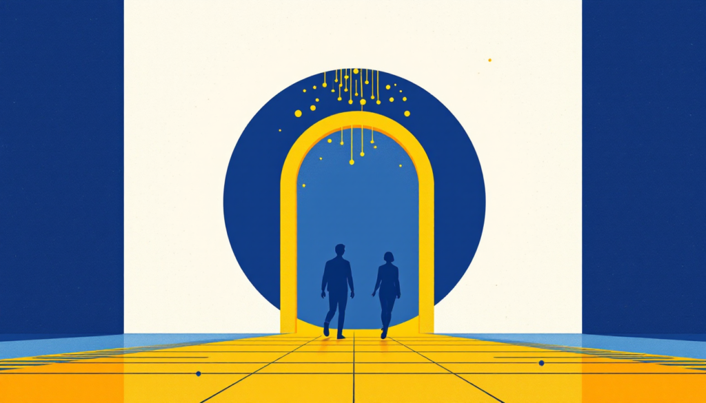 Edward Galle illustration, yellow and blue: two navy figures walking through a golden doorway with AI nodes, for how AI is reshaping talent acquisition.