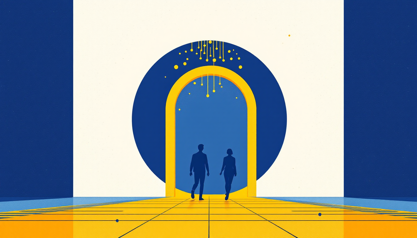 Edward Galle illustration, yellow and blue: two navy figures walking through a golden doorway with AI nodes, for how AI is reshaping talent acquisition.