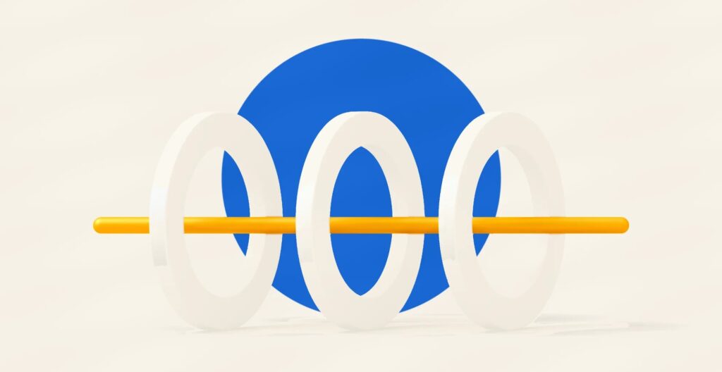 Three ivory rings standing on edge in front of a cobalt disc, joined by one amber rod running through their centres