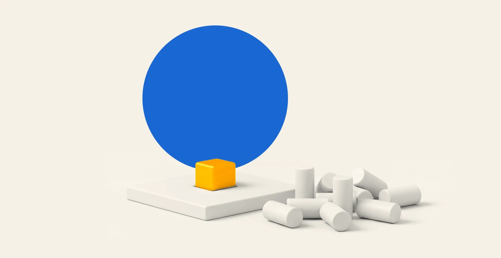A cobalt blue disc above a cream board with one amber square peg sitting in its square hole, next to a loose heap of round cream pegs