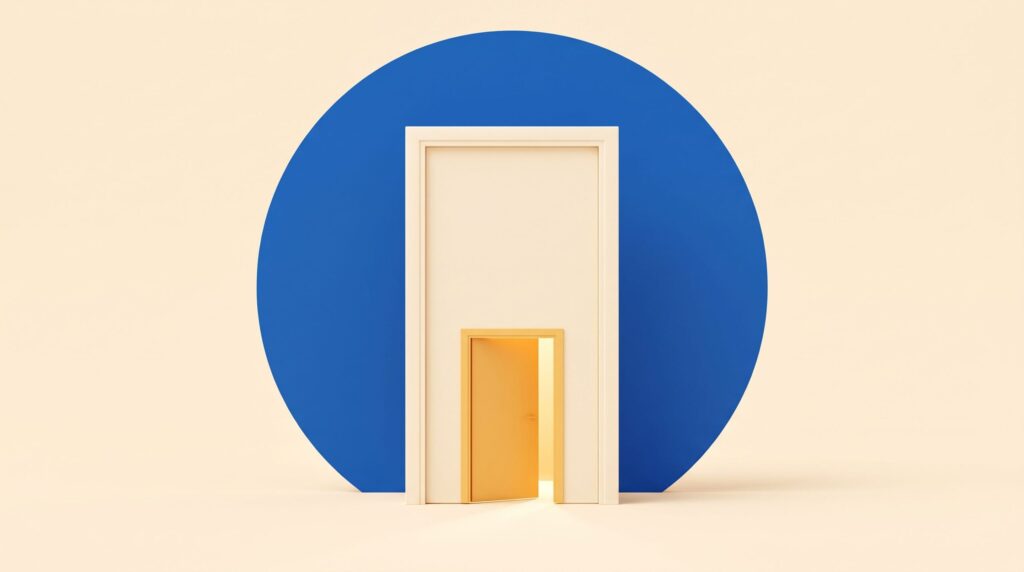 A tall closed ivory door in front of a cobalt blue circle, with a small amber door set into it standing ajar and spilling light