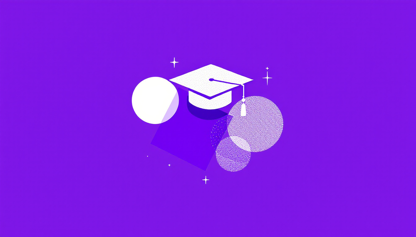 A graduation cap above overlapping geometric design shapes with pen-tool nodes, on a bright violet background.