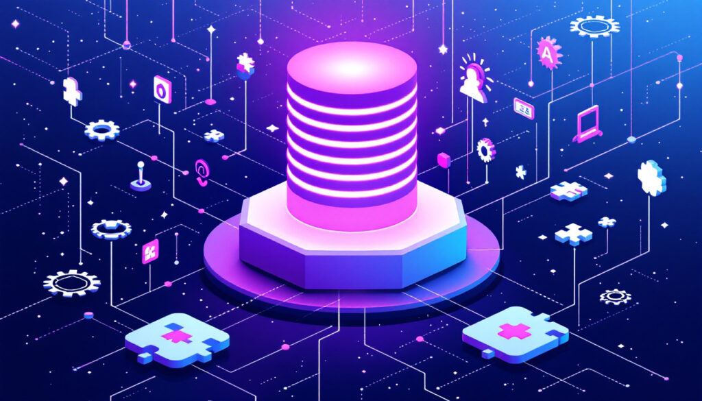 Flat-vector illustration of scattered software tools merging through a funnel into one unified database, on a violet background — RevOps tech stack consolidation for Swiss SMEs