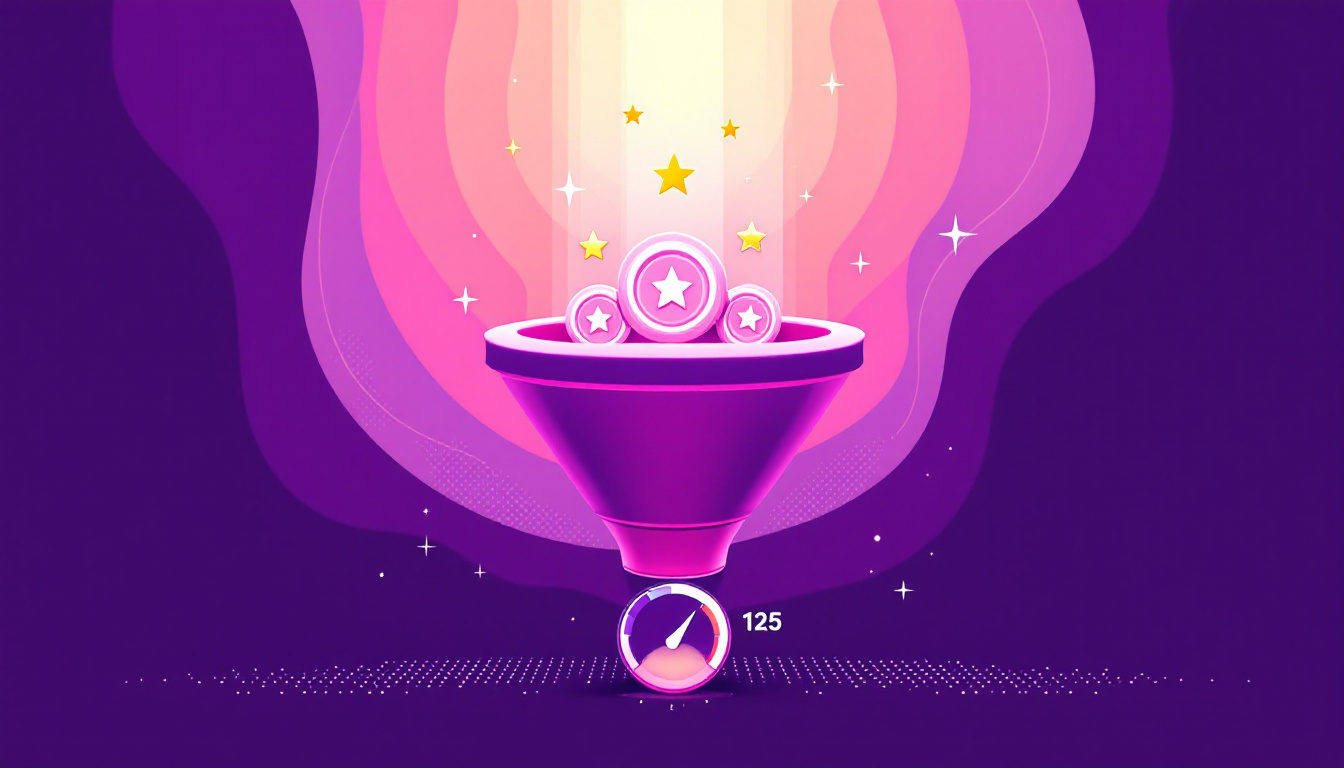 Flat-vector illustration of a funnel sorting lead tokens into ranked tiers with a score gauge, on a bright violet background