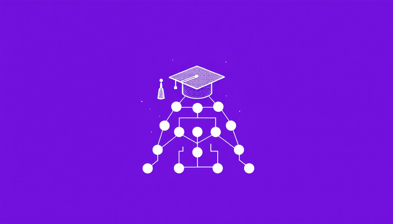A graduation cap atop a branching version-control node diagram, on a bright violet background.