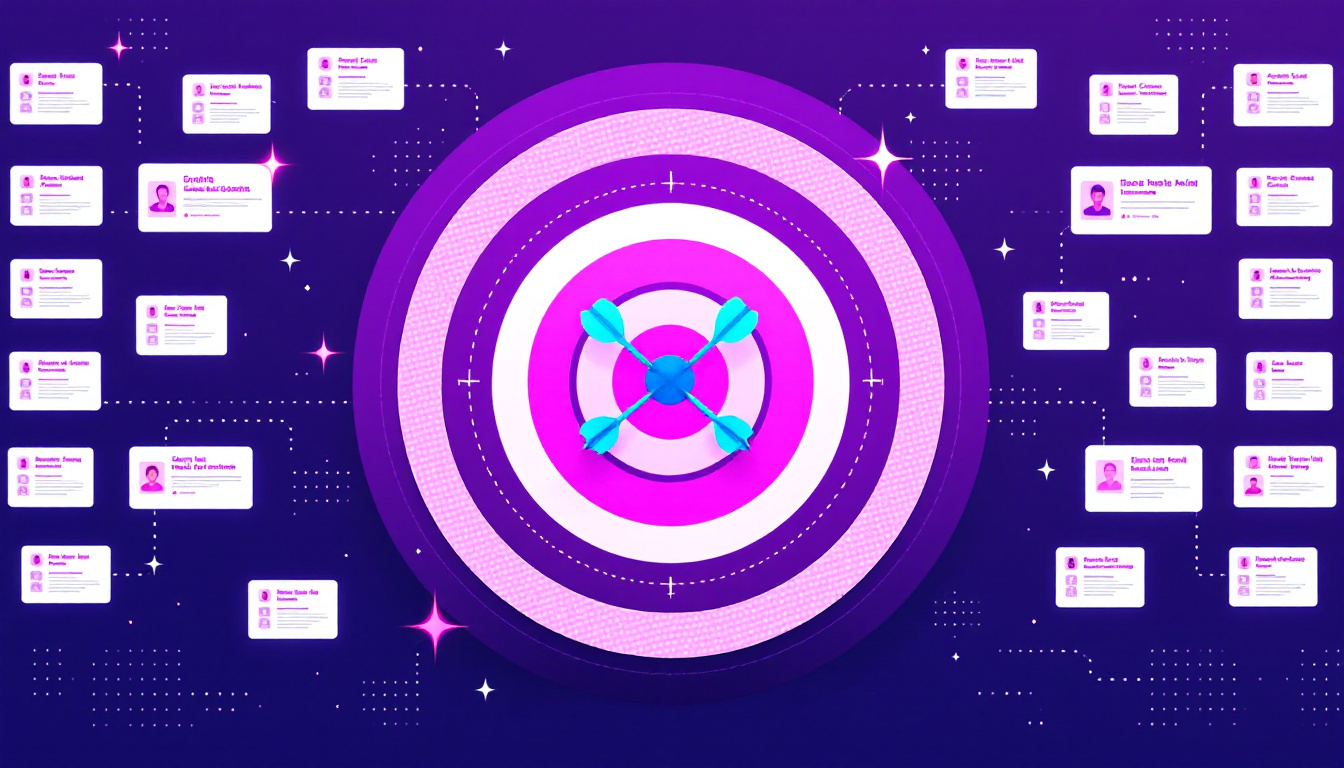 Flat-vector bullseye with three darts in the centre, ringed by account cards, illustrating LinkedIn ABM targeting for Swiss SMEs
