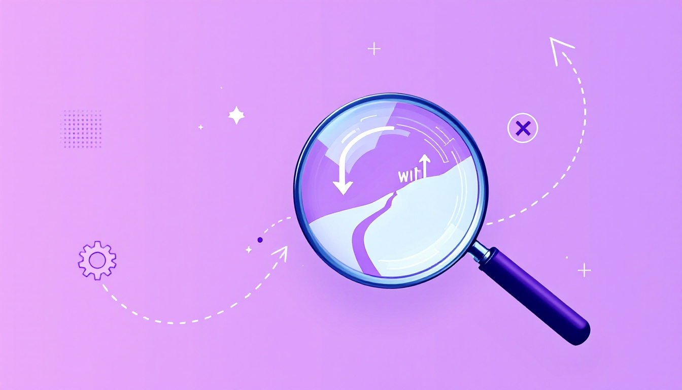 Flat-vector magnifying glass inspecting a split path — one branch rising to a win checkmark, one dipping to a loss cross — inside a circular feedback loop on a violet background, symbolising a repeatable win/loss analysis program.