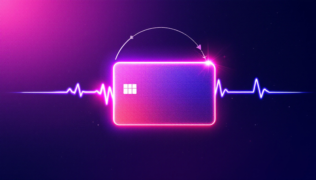 Flat-vector illustration of a customer account card linked to a heartbeat health-signal line looping into a renewal arrow, on Pupsic violet