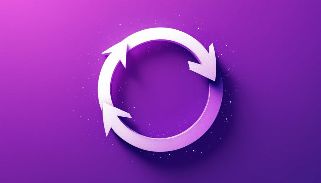 A circular flywheel of three chasing arrows, on a bright violet background.