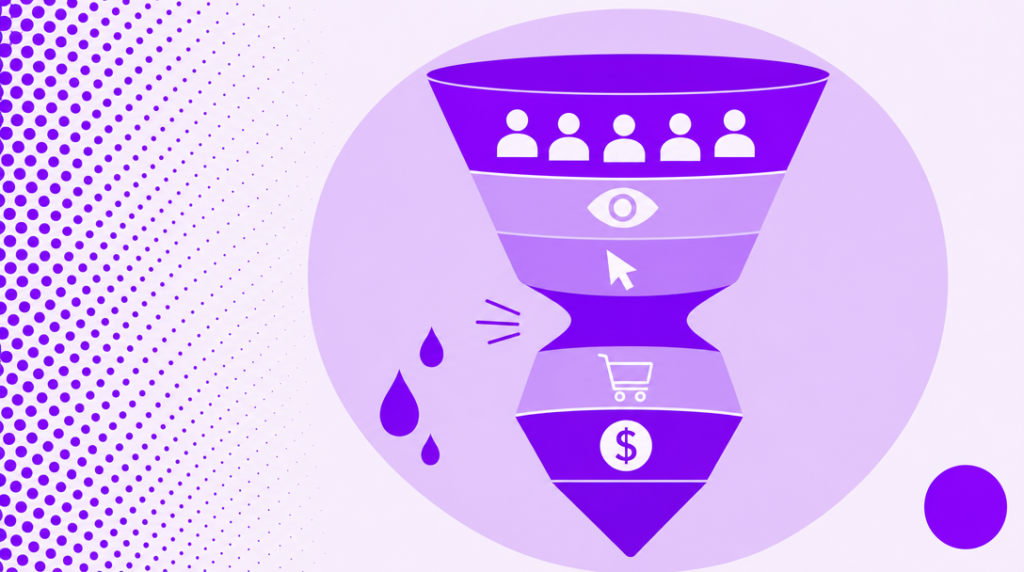 A bold pupsic-purple revenue funnel with stage icons, sharply pinched at one stage where flow leaks out, the binding bottleneck