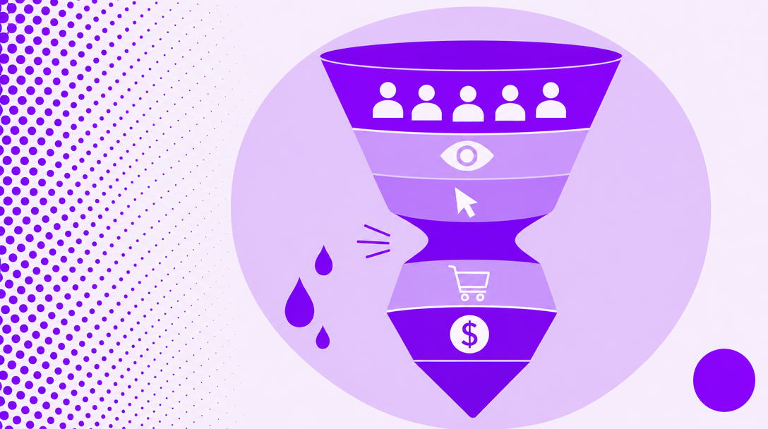 A bold pupsic-purple revenue funnel with stage icons, sharply pinched at one stage where flow leaks out, the binding bottleneck