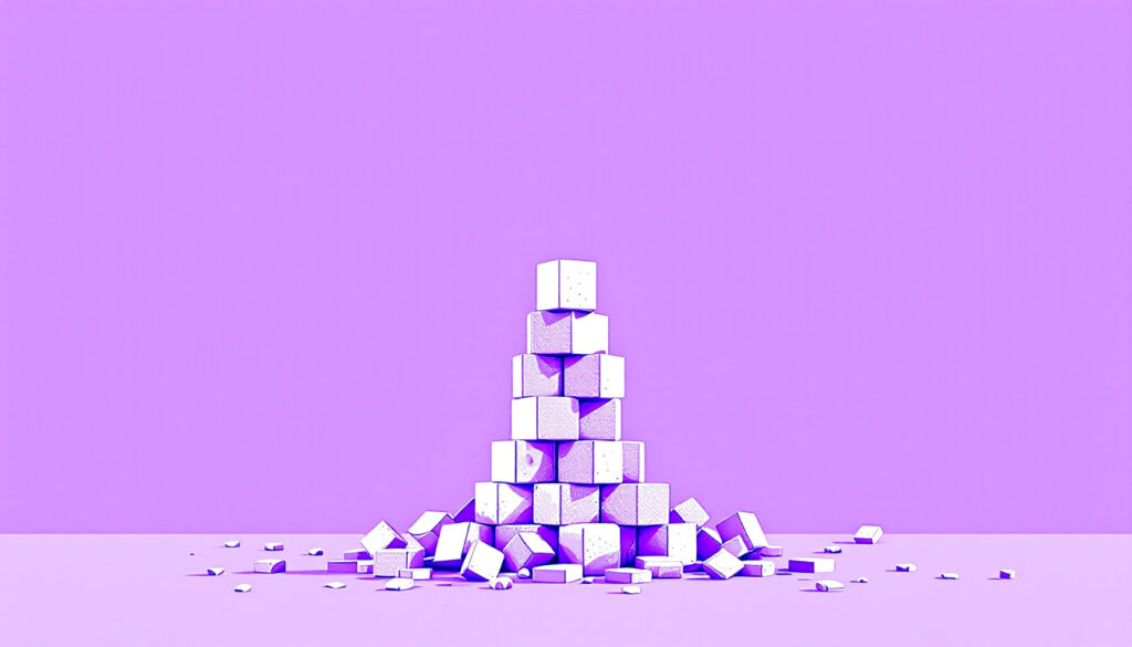 A neatly stacked tower of blocks beside a scattered pile, symbolising a built AI tool stack versus a random pile.