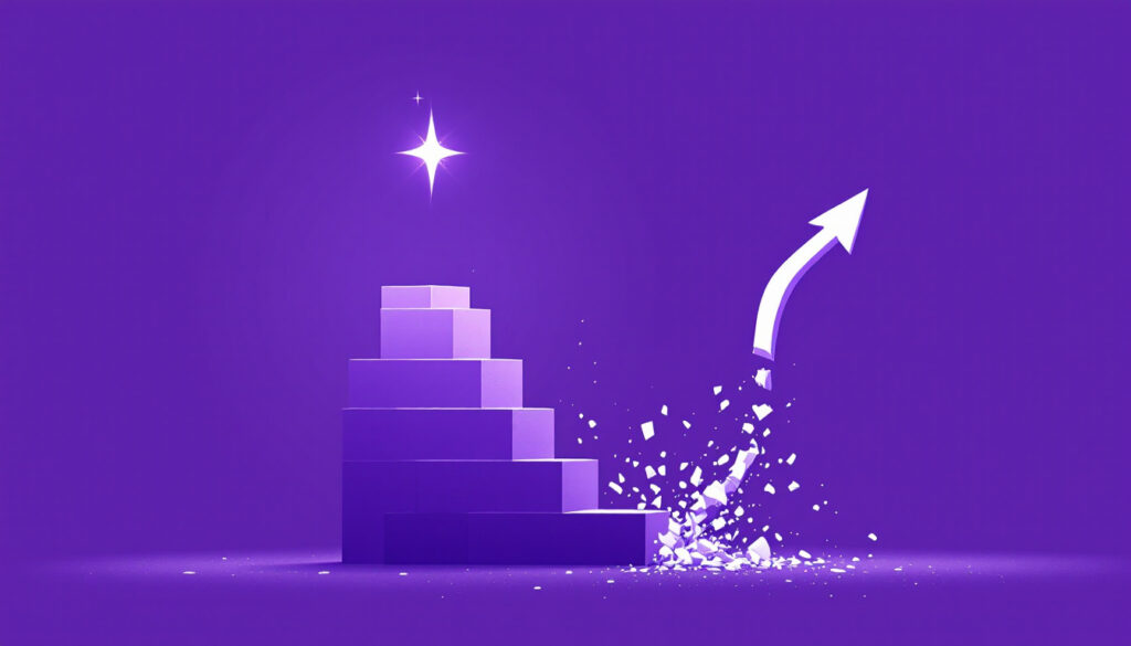 A steady staircase of blocks climbing to a star beside a shattering fast arrow, on a bright violet background.