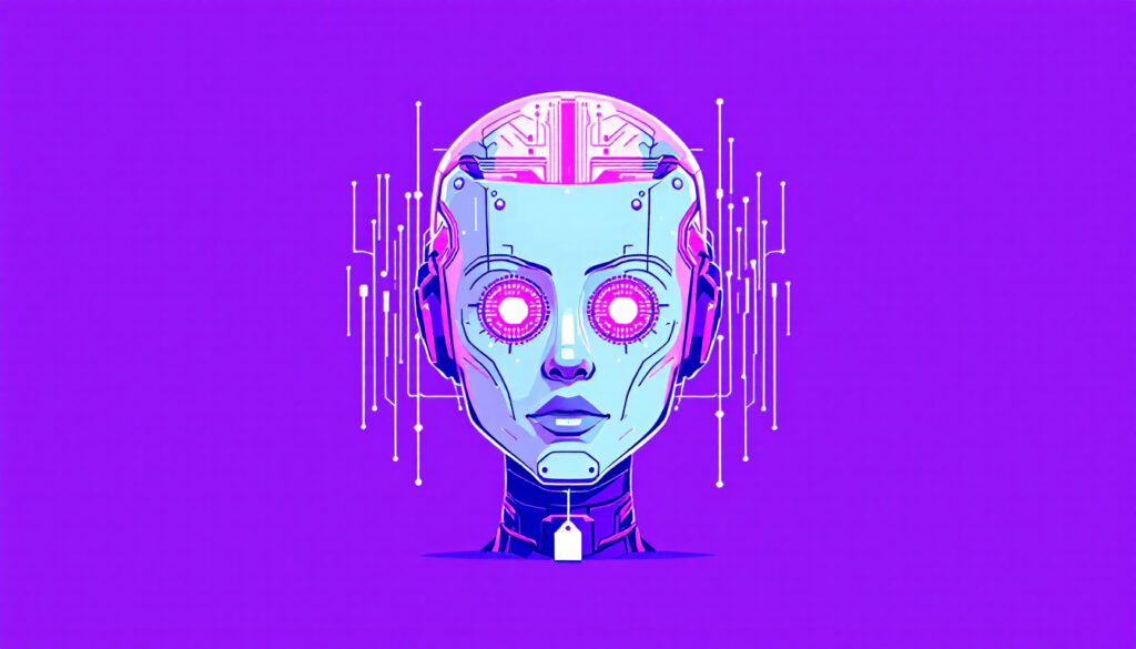 A robot head with a glowing memory-chip brain and a price tag, on a bright violet background.