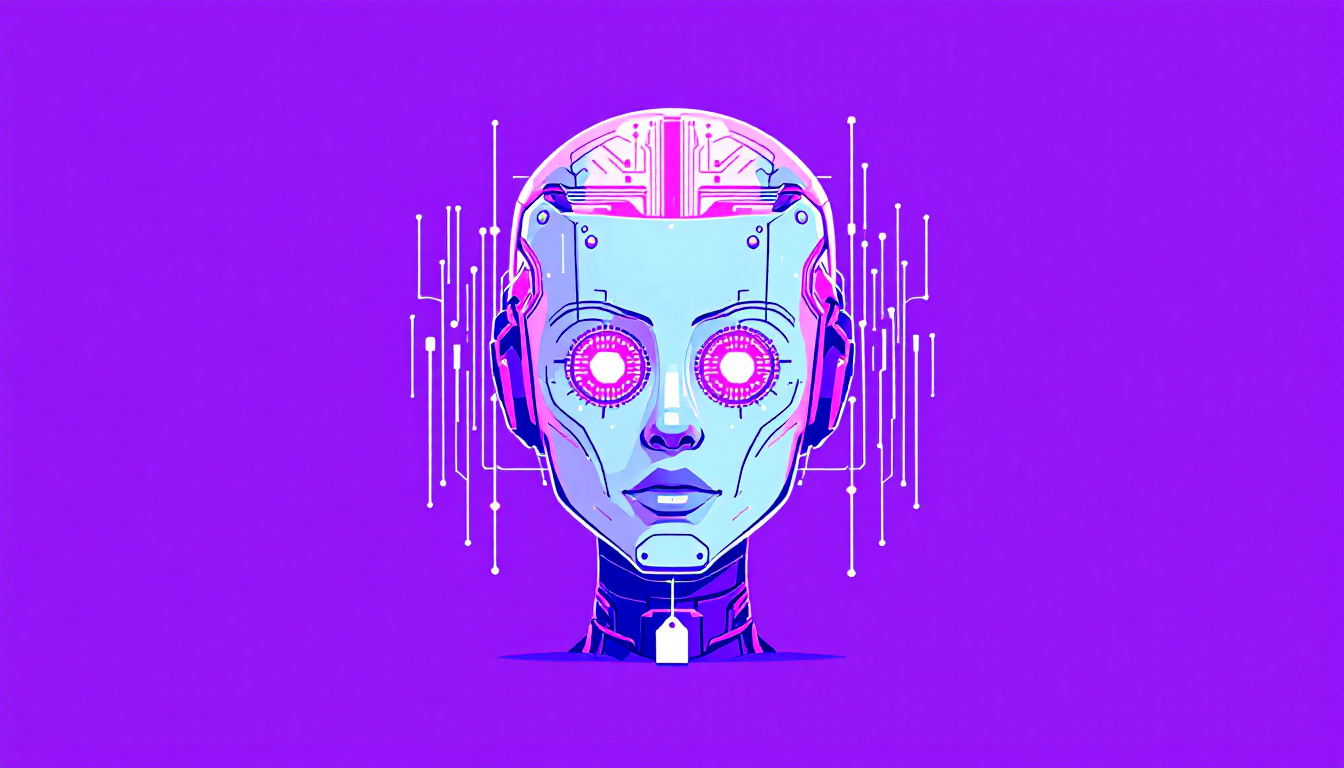 A robot head with a glowing memory-chip brain and a price tag, on a bright violet background.