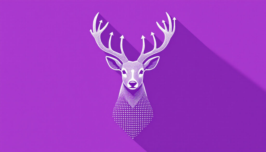 A deer head with antlers made of upward growth arrows, on a bright violet background.