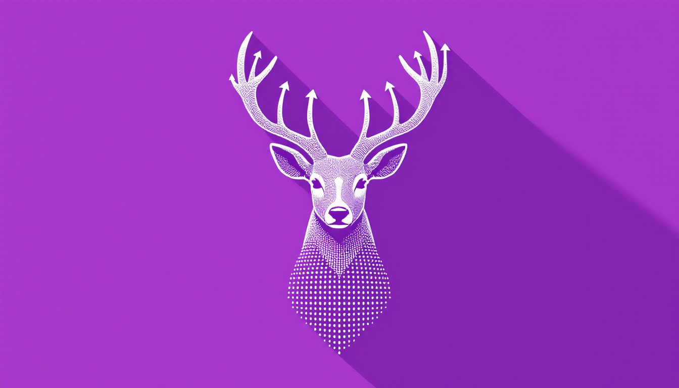 A deer head with antlers made of upward growth arrows, on a bright violet background.