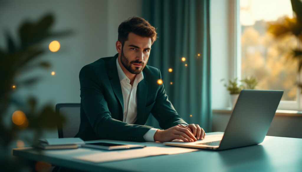 Small-business owner at a clean desk assembling AI tools into one connected revenue stack, teal and mint palette