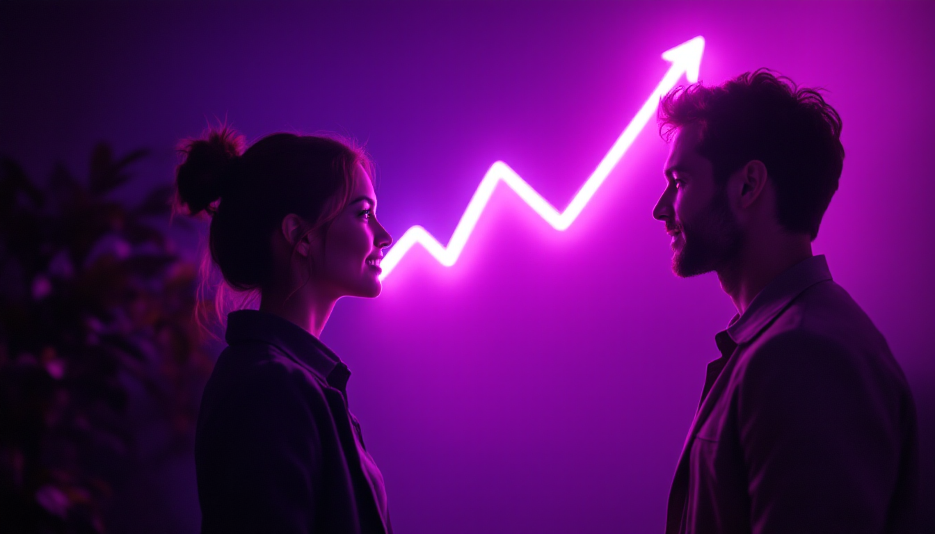 Two Pupsic marketing strategists beside a glowing upward growth curve in violet and magenta light, illustrating the Netino RevOps engagement