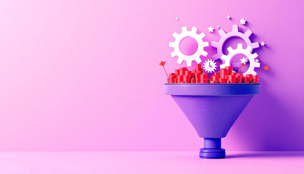 Bright violet illustration of three interlocking gears aligning into one funnel with a fast-forward clock.