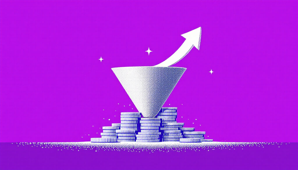 An inverted pyramid of coins being flipped upright, symbolising a marketing budget reallocated the right way round.