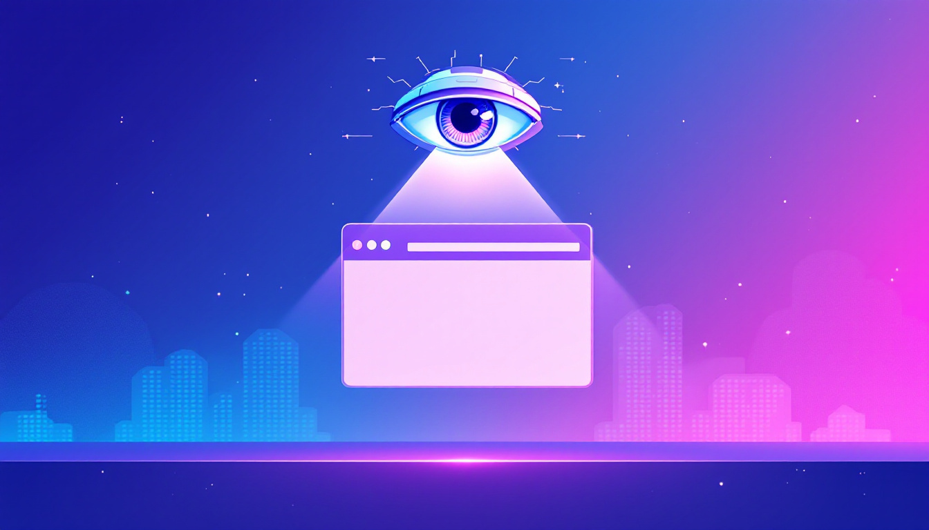 A robotic machine eye scanning a browser window, symbolising a website read by AI agents.