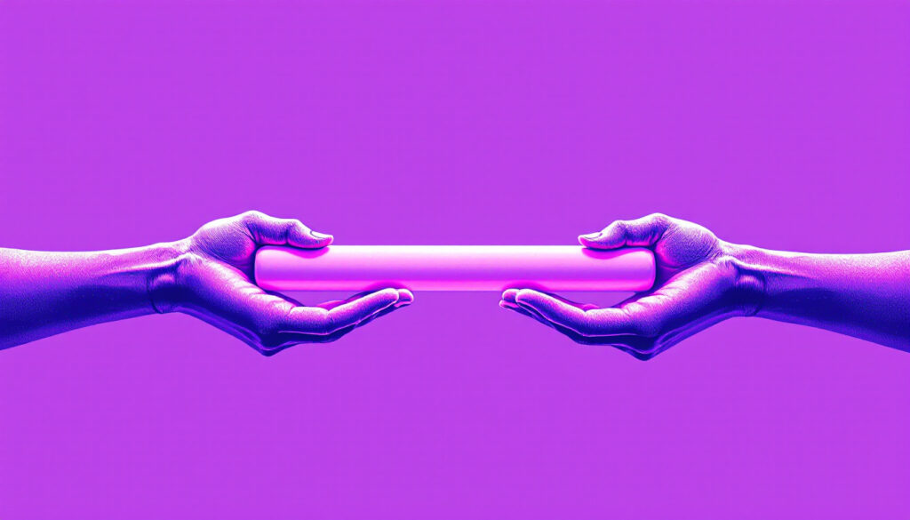 Relay baton passed between two hands on a bright violet background