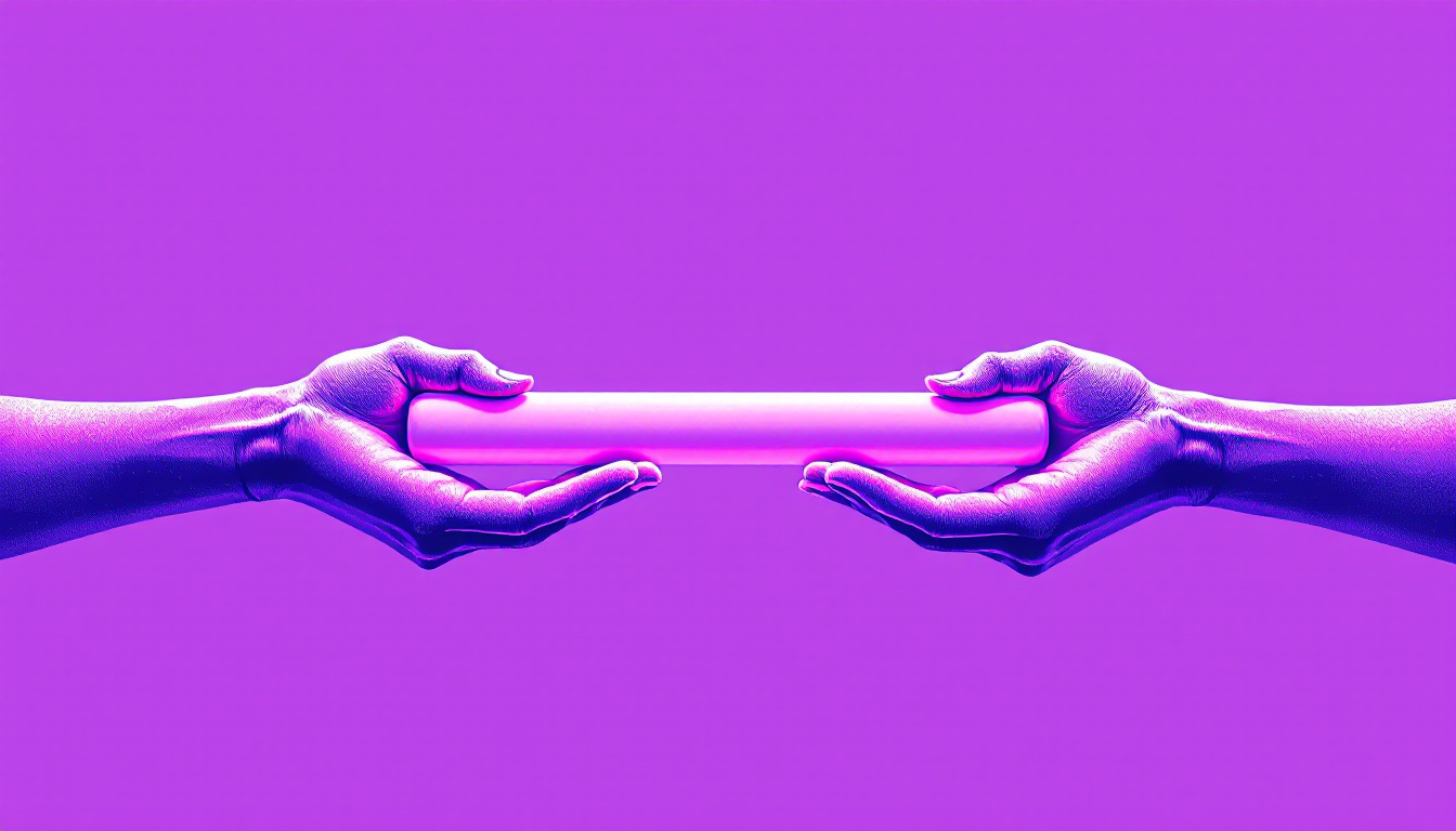 Relay baton passed between two hands on a bright violet background