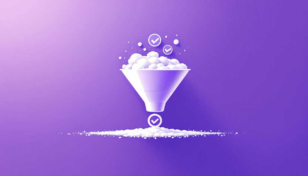 Filter funnel stamping qualified leads with a checkmark on a bright violet background