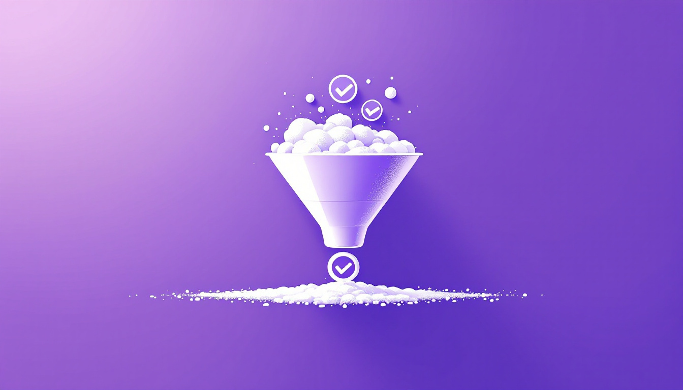 Filter funnel stamping qualified leads with a checkmark on a bright violet background