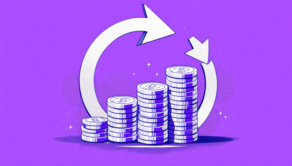 Looping retention arrow around a growing coin stack on a bright violet background