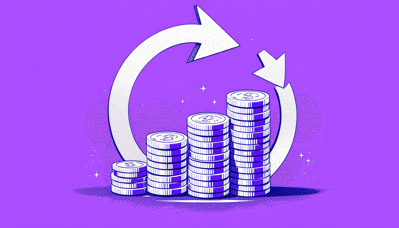 Looping retention arrow around a growing coin stack on a bright violet background