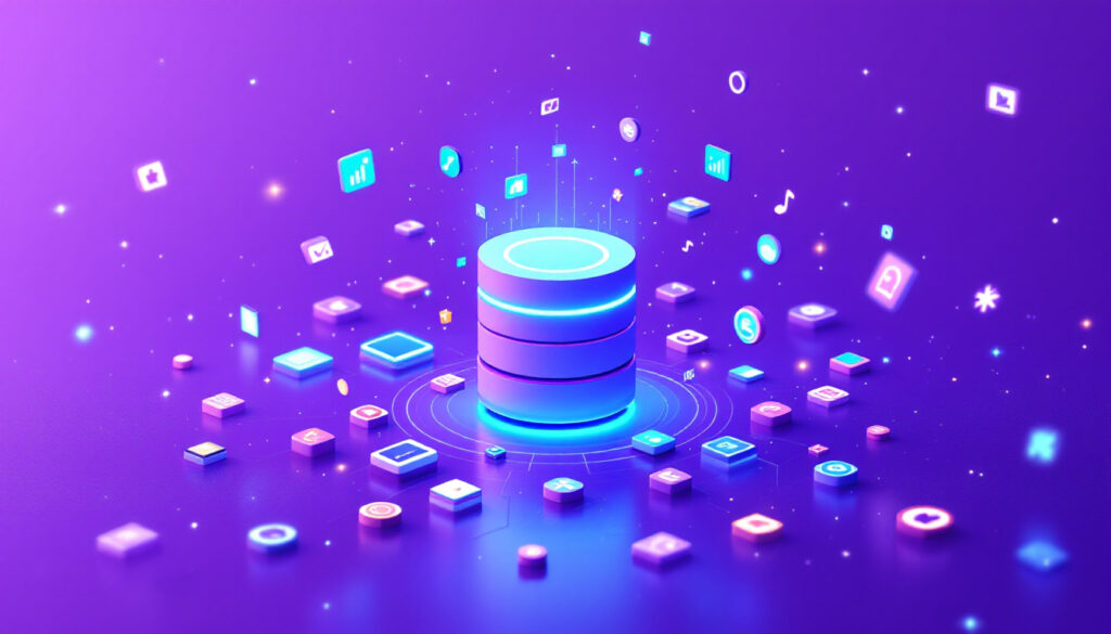 Scattered app tiles converging into one CRM database on a bright violet background