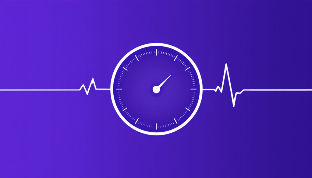 Heart-rate pulse across a customer health gauge on a bright violet background
