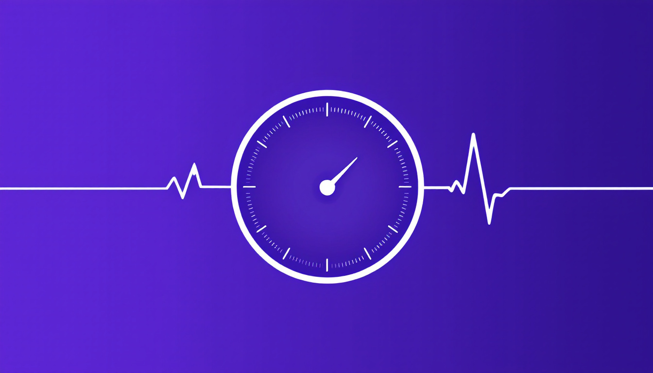 Heart-rate pulse across a customer health gauge on a bright violet background