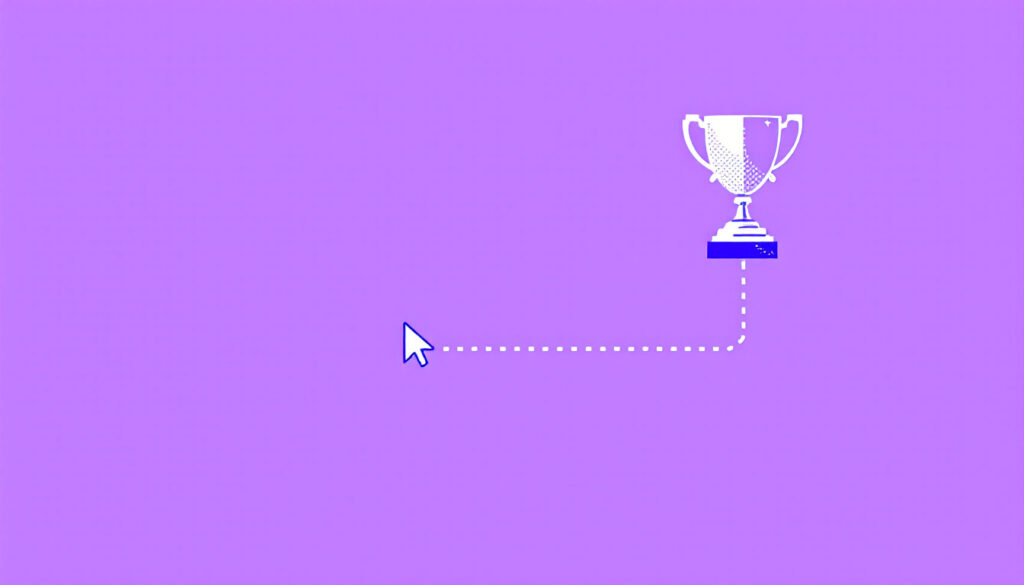 Cursor click linked by a dotted path to a trophy on a bright violet background
