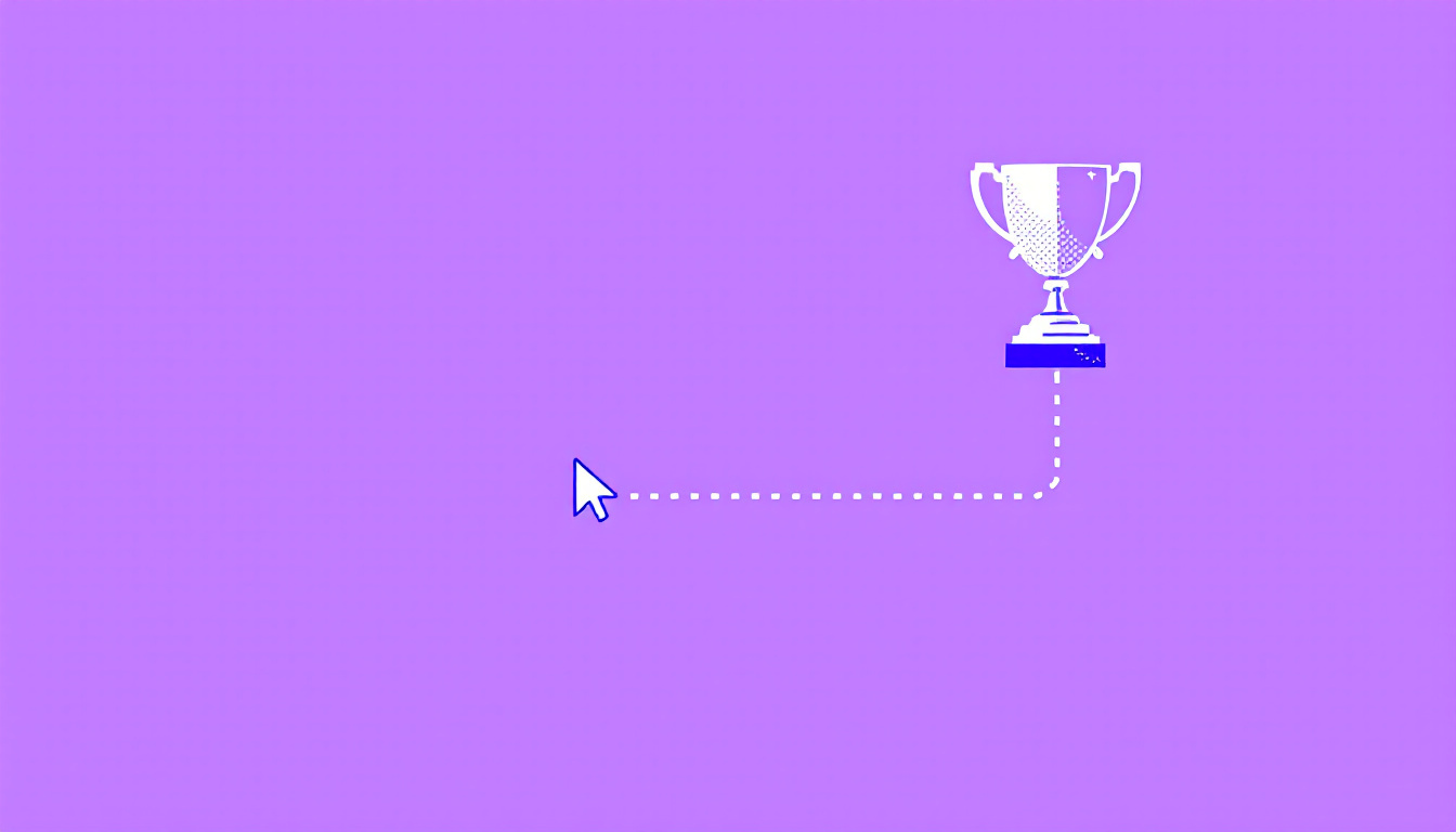Cursor click linked by a dotted path to a trophy on a bright violet background