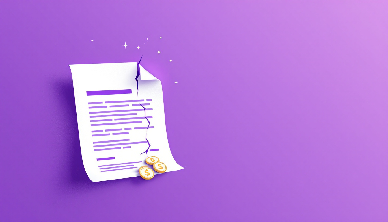 Quote document leaking coins through a crack on a bright violet background