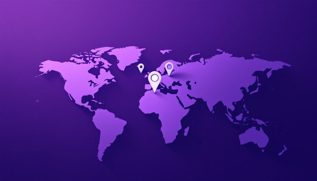 Territory map with two pins overlapping on one point on a bright violet background