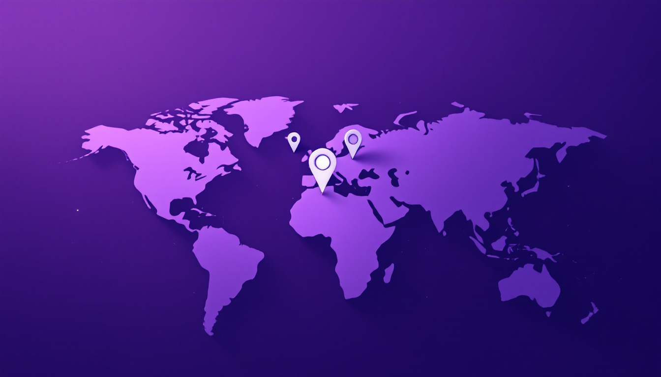 Territory map with two pins overlapping on one point on a bright violet background