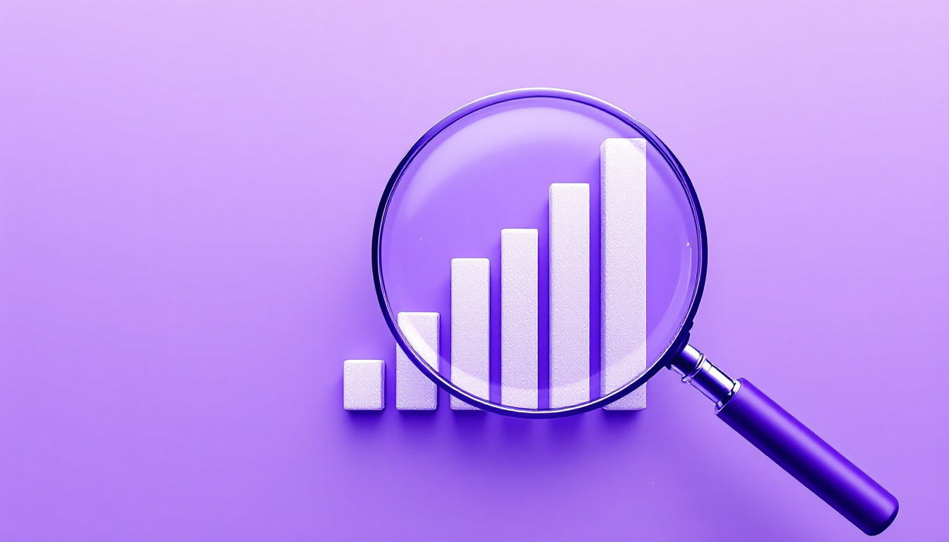Rising bar chart inspected by a magnifying glass on a bright violet background
