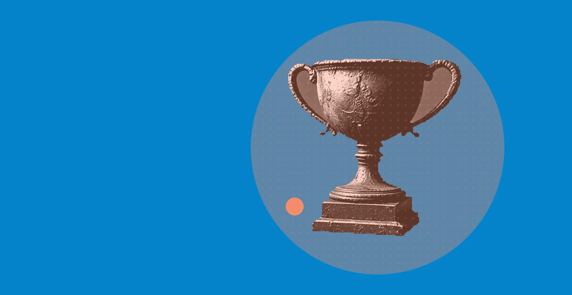 Coupe trophée en fonte, découpe tramée sur fond bleu cobalt uni