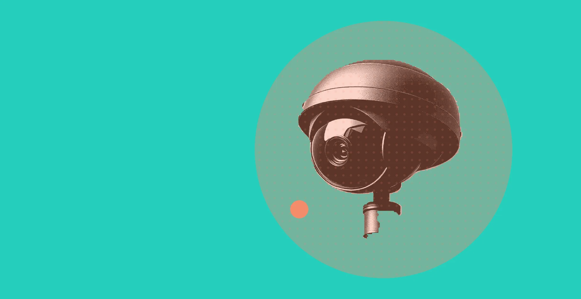 Caméra de surveillance dôme, découpe tramée sur fond bleu-vert uni