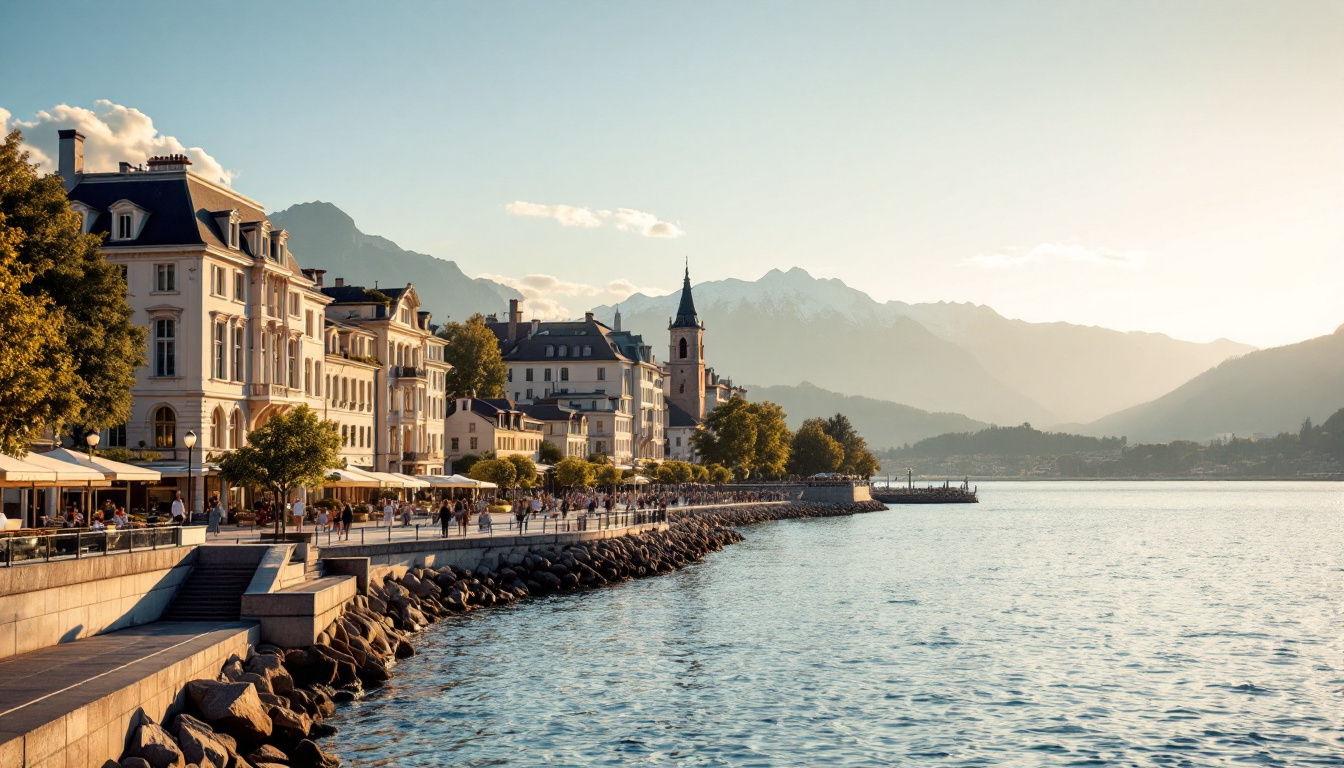 Le front de lac de Lausanne sur le Léman à l'heure dorée, promenade et Alpes en arrière-plan