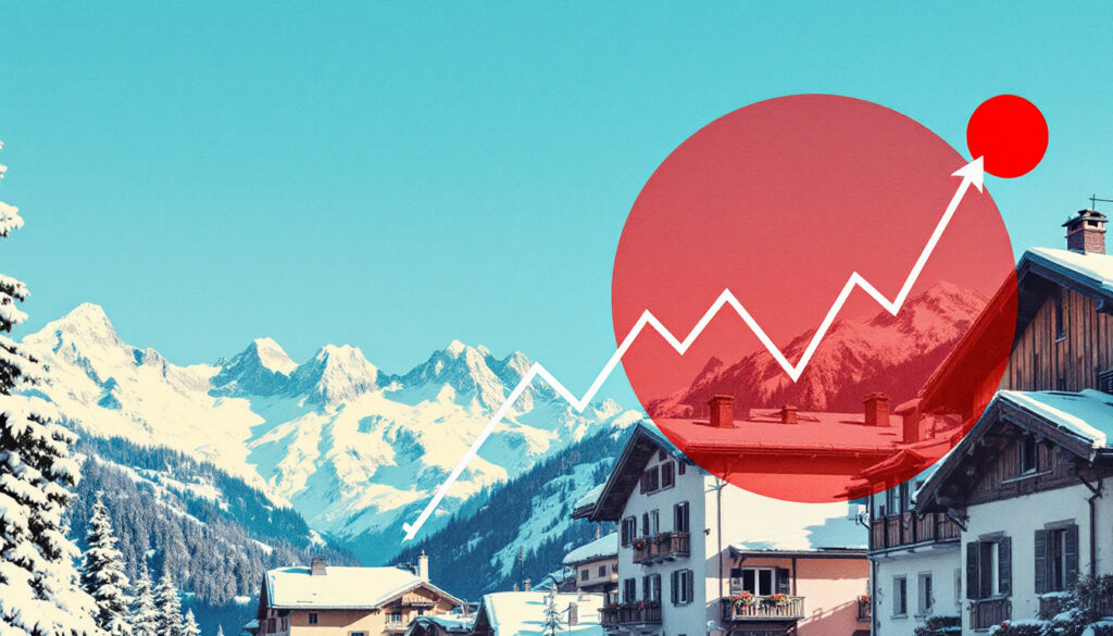 Adoption de l'IA par les PME suisses : vue urbaine suisse avec disque translucide rouge et visualisation de données IA