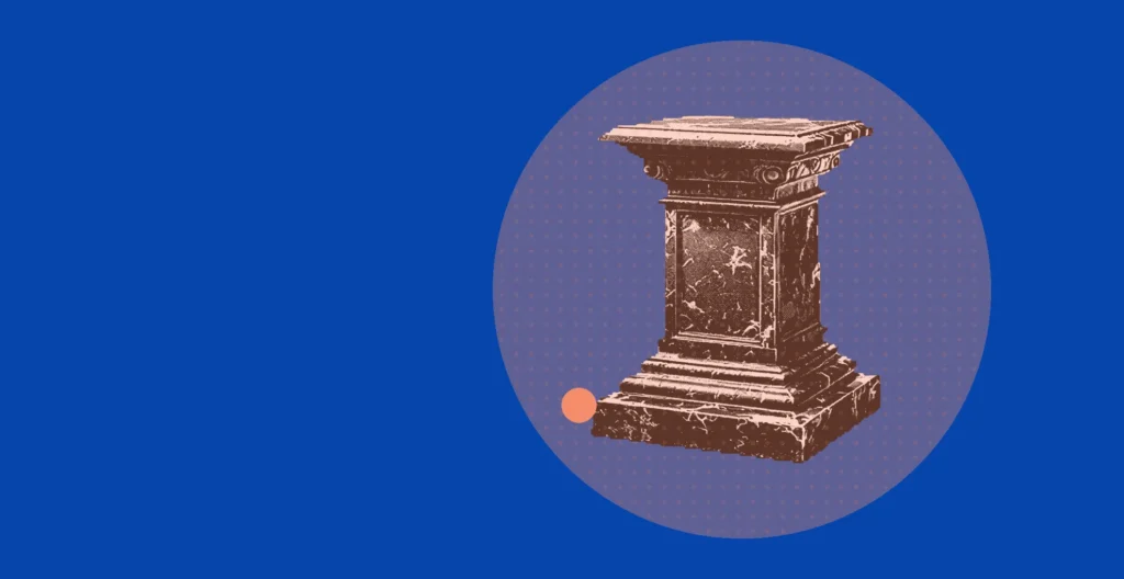 Socle de colonne en fonte à moulures épaisses, découpe tramée sur fond bleu cobalt uni