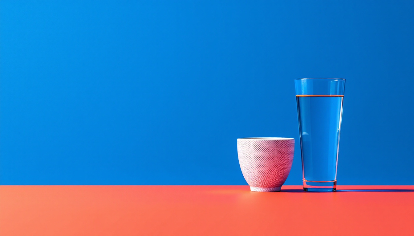 Illustration éditoriale plate sur fond bleu cobalt : un café servi dans deux contenants de tailles différentes, métaphore de la durée du travail mesurée de deux manières