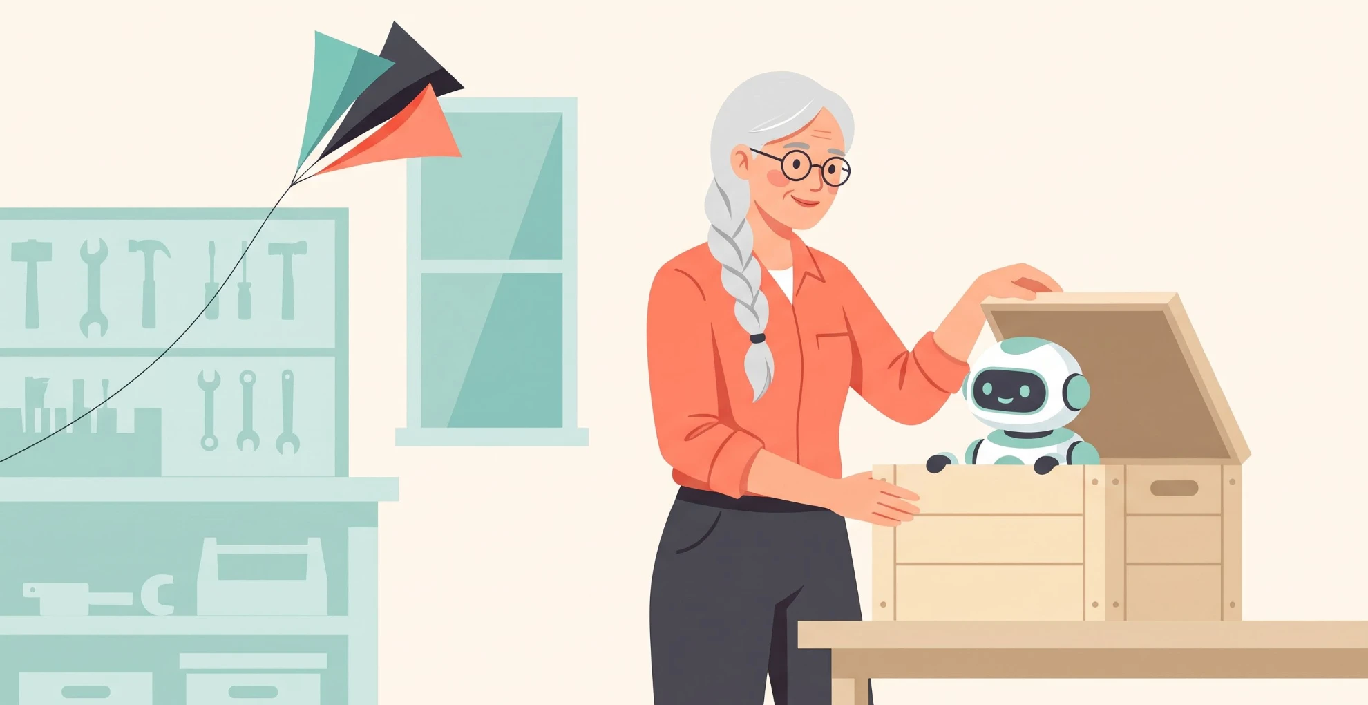 Une femme ouvre une caisse sur son établi d'où sort un petit robot