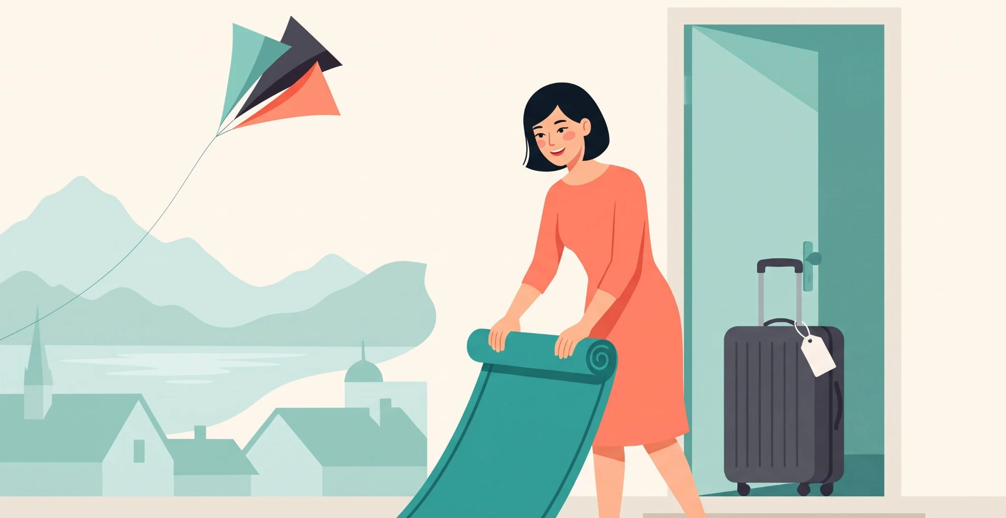 Une femme déroule un paillasson d'accueil devant une valise qui vient d'arriver